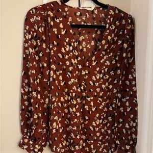 Brown patterned v neck long sleeve blouse - stitch fix